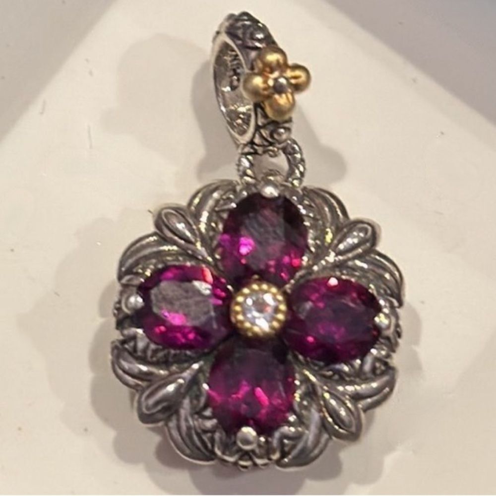 Barbara Bixby Rhodolite Garnet Lotus Flower Pendant Jan B-Day Nwot Exc 18k & Ss
